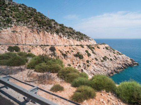 Photo for Mountain serpentine road along Mediterranean sea. Demre Finike Yolu road . Turkey. - Royalty Free Image