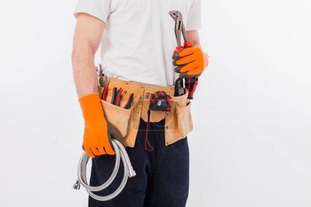 Photo for Craftsman with belt on background, close up - Royalty Free Image