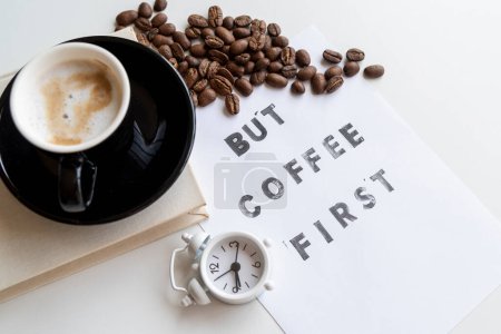Photo for "coffee first quote with clock" - Royalty Free Image
