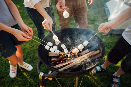 Photo for "elevated view hands roasting marshmallow barbecue fire" - Royalty Free Image