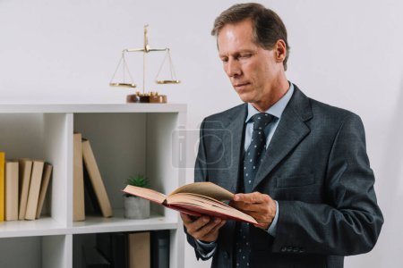 Téléchargez les photos : "mature mâle lecture livre juridique salle d'audience" - en image libre de droit