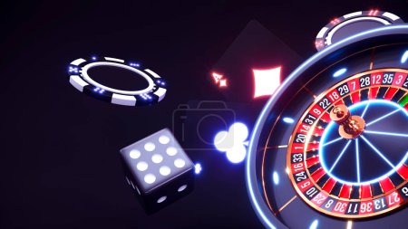 Téléchargez les photos : "Fond de casino avec des dés de roulette néon et des jetons tombant rendu 3d" - en image libre de droit