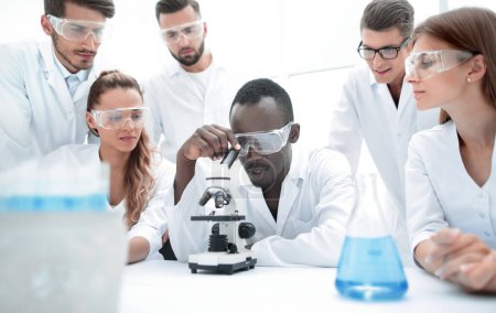 Photo for "Group of young scientists working in the chemical laboratory" - Royalty Free Image
