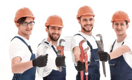 Photo for Group of plumbers with working tools - Royalty Free Image