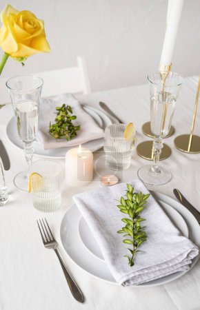 Photo for "beautiful table setting for romantic dinner for two" - Royalty Free Image