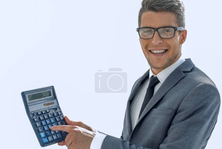 Téléchargez les photos : "homme d'affaires détient une calculatrice
" - en image libre de droit
