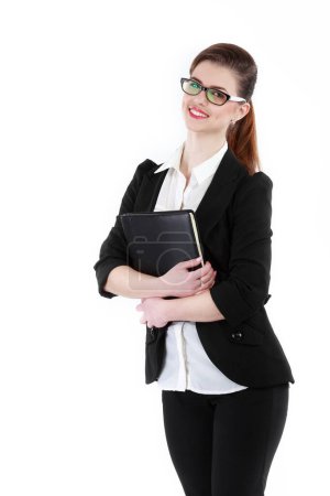 Téléchargez les photos : "Portrait de demie-longueur de dame d'affaires avec dossier portant noir
" - en image libre de droit