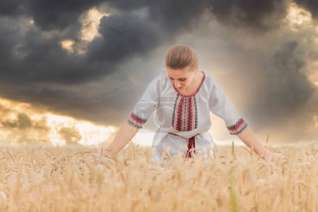 Foto de Chica en vyshyvanka en un campo de trigo - Imagen libre de derechos