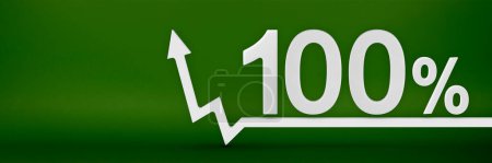 Photo for 100 percent. The arrow on the graph points up. Rising prices, inflation, increase in income, increase in interest rates, taxes. 3d banner, one hundred percent sign discount on a green background - Royalty Free Image