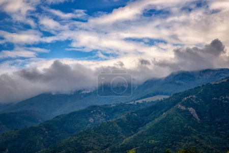 Foto de "Paisaje de belleza de niebla y nubes rodando sobre la montaña boscosa
." - Imagen libre de derechos