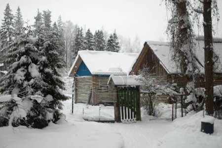 Téléchargez les photos : "Maison de campagne en hiver. Le toit est dans la neige. Campagne." - en image libre de droit