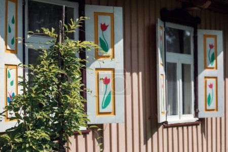 Foto de "Ventanas de una casa vieja con tulipanes pintados en las persianas." - Imagen libre de derechos
