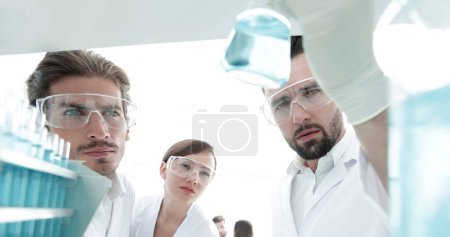 Foto de Primer plano. científico y asistente que estudia la solución en el tubo de vidrio - Imagen libre de derechos