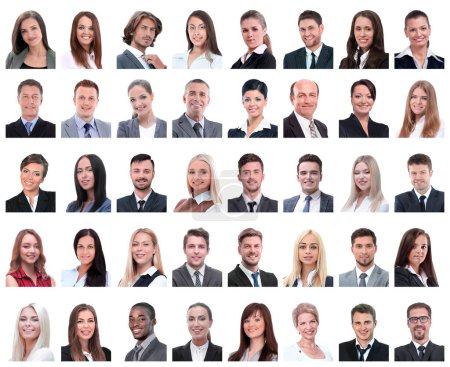 Téléchargez les photos : "collage de portraits d'employés à succès isolés sur blanc" - en image libre de droit