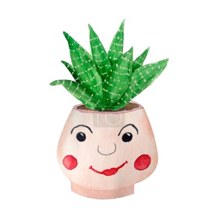 Téléchargez les photos : Aquarelle cactus cactus succulent en pot en céramique. Maison en pot plantes naturelles vertes fleurs tropicales exotiques. Décoration intérieure illustration botanique imprimé design vibrant. - en image libre de droit