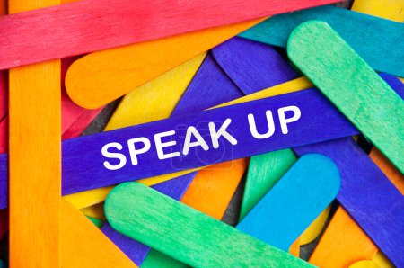 Photo for "Speak up text on blue color wooden stick. Business and courage concept" - Royalty Free Image