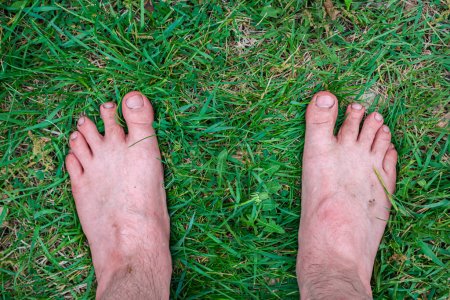 Téléchargez les photos : "L'homme se tient pieds nus sur l'herbe verte fraîche" - en image libre de droit