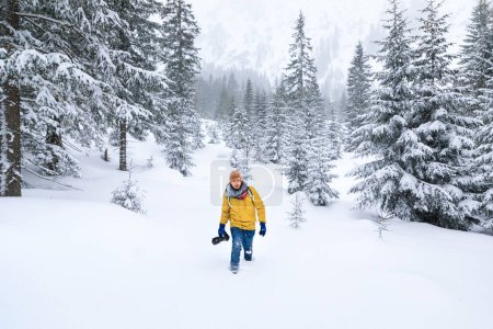 Photo for The photographer is walking through the snow drifts in the winter mountain forest - Royalty Free Image