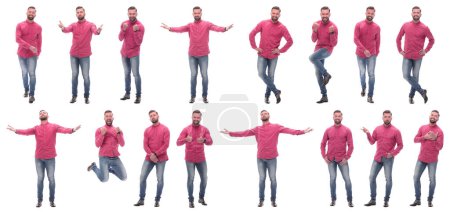 Téléchargez les photos : Collage de photos d'un homme émotionnel en chemise rouge - en image libre de droit
