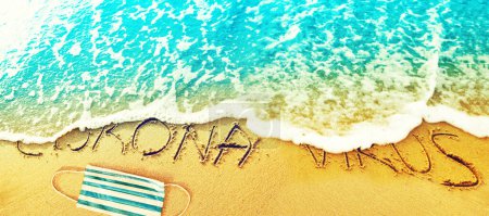 Téléchargez les photos : Virus Corona écrit dans le sable en vacances - en image libre de droit
