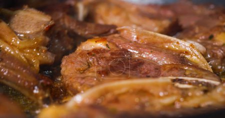 Photo for "Close Up Tasty Meat Frying. Appetizing Lamb Dish." - Royalty Free Image