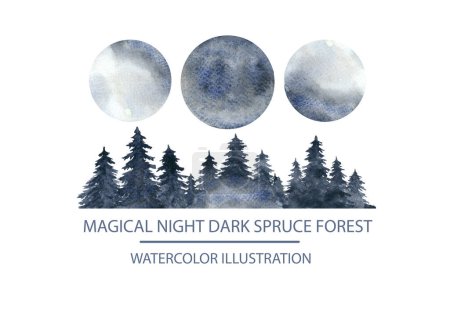"Watercolor illustration of a misty night forest of fir trees under a full moon"