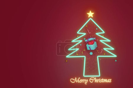 Photo for "Merry Christmas and Happy New Year With The pine tree glowing and the gift with red heart  for  text, banner, WEB and background  .3D illustration." - Royalty Free Image