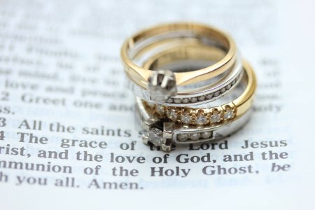 Photo for "Diamond wedding rings on background, close up - Royalty Free Image