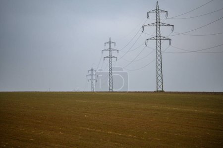 Téléchargez les photos : Champ de puissance ppfield avec pylônes électriques. lignes électriques en arrière-plan - en image libre de droit