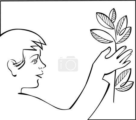 Illustration for "young boy with plant in hand" colorful vector illustration - Royalty Free Image