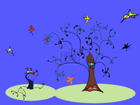 Téléchargez les illustrations : "Illustration vectorielle colorée des arbres et oiseaux - en licence libre de droit
