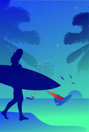 Téléchargez les illustrations : "Surfeur au coucher du soleil "illustration vectorielle colorée - en licence libre de droit
