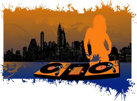 Ilustración de Chica DJ Silhouette en el fondo de la ciudad - Imagen libre de derechos