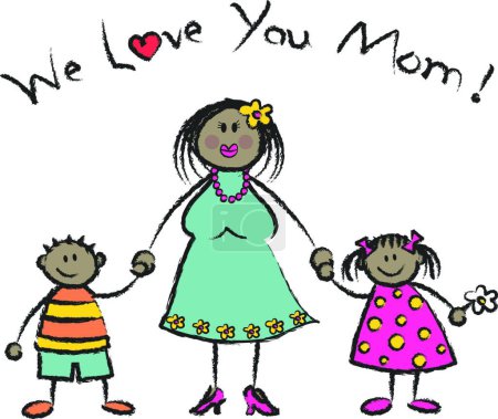 Illustration for WE LOVE YOU MOM dark skin tone family greeting - Royalty Free Image