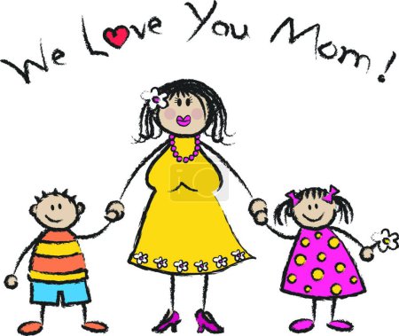 Illustration for WE LOVE YOU MOM light skin tone family greeting - Royalty Free Image