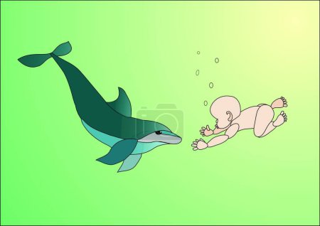 Illustration for Dolphin sails toward child modern vector illustration - Royalty Free Image