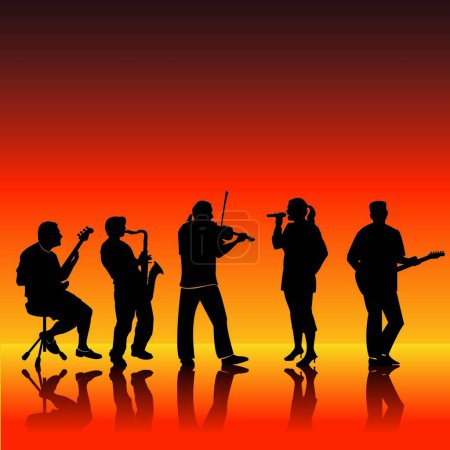 Téléchargez les illustrations : Silhouettes vectorielles de cinq musiciens dans un groupe - en licence libre de droit