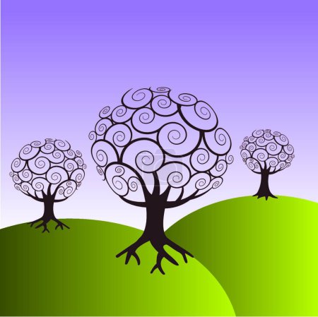 Téléchargez les illustrations : Paysage vectoriel avec trois arbres - en licence libre de droit