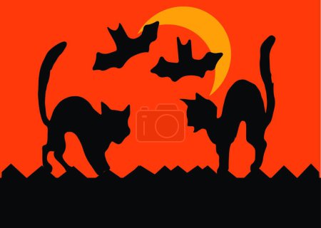Ilustración de Halloween gato lucha, vector colorido ilustración - Imagen libre de derechos
