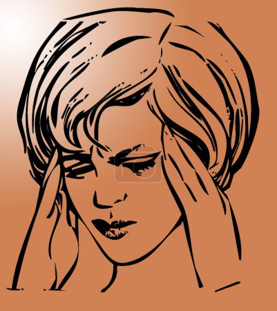 Illustration for Retro gal with headache and worries - Royalty Free Image