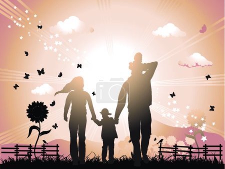Ilustración de Familia feliz camina por la naturaleza, puesta de sol - Imagen libre de derechos