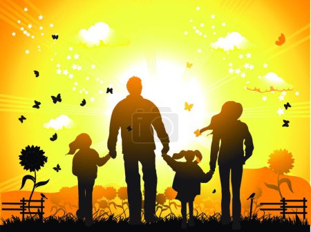 Ilustración de "Familia feliz camina por la naturaleza, puesta de sol" - Imagen libre de derechos