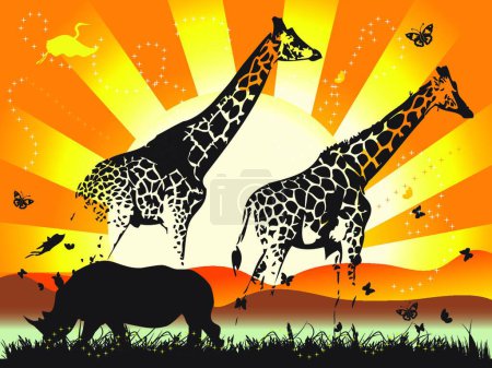 Ilustración de Familia de jirafa en la naturaleza a pie, vector ilustración diseño simple - Imagen libre de derechos