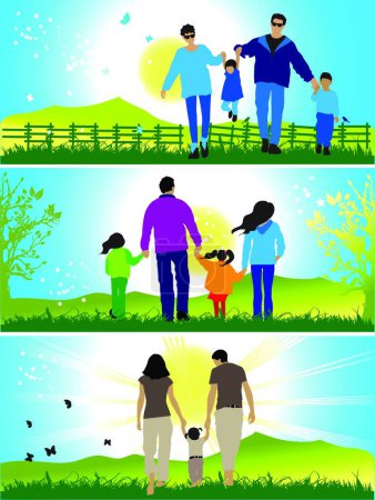 Téléchargez les illustrations : "Heureuses promenades en famille sur la nature
" - en licence libre de droit