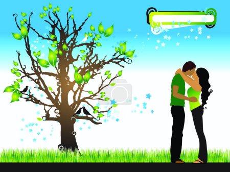 Téléchargez les illustrations : Silhouette d'arbre avec couple au printemps, illustration vectorielle design simple - en licence libre de droit