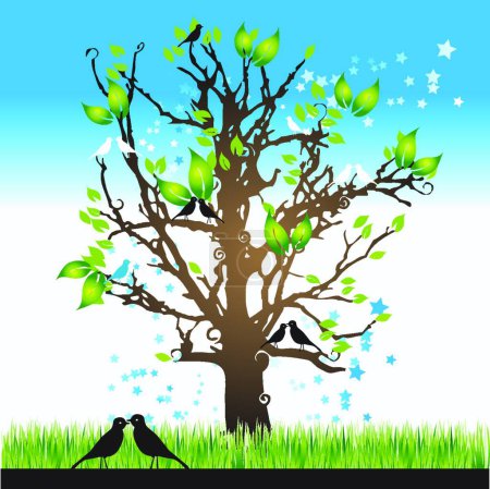 Ilustración de Silueta de árbol con aves de primavera - Imagen libre de derechos