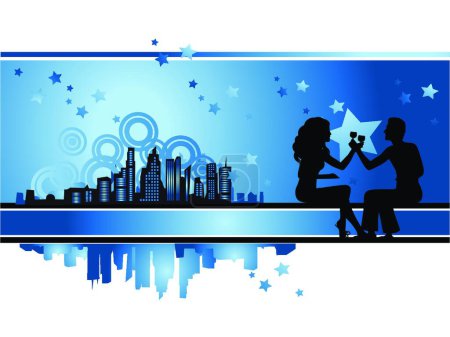 Téléchargez les illustrations : Paysage urbain, cadre urbain avec silhouette de couple, illustration vectorielle design simple - en licence libre de droit