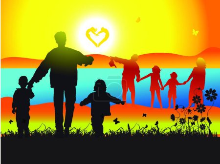 Ilustración de "Familia feliz camina por la naturaleza, puesta de sol" - Imagen libre de derechos