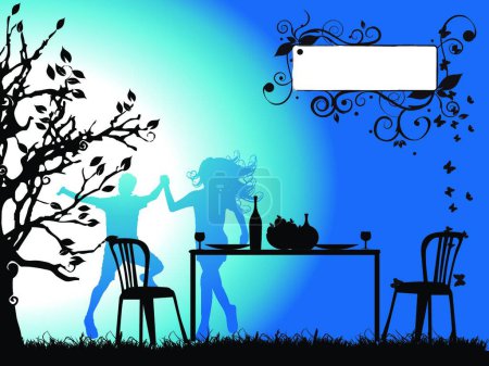 Téléchargez les illustrations : Silhouette d'arbre, dîner romantique et couple, illustration vectorielle design simple - en licence libre de droit