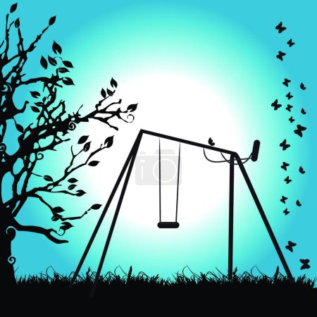 Téléchargez les illustrations : Silhouette d'arbre, nuit d'été et prairie, illustration vectorielle design simple - en licence libre de droit